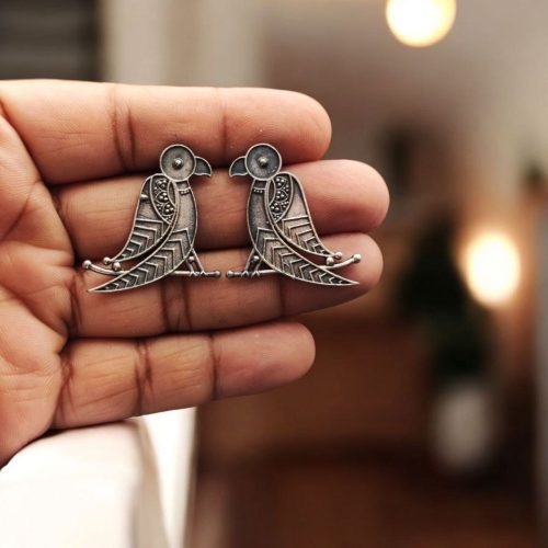 Oxidized Replica Parrot Design Stud Earrings with an elegant traditional jewelry finish, featuring intricate detailing and a vintage silver replica look for ethnic wear.