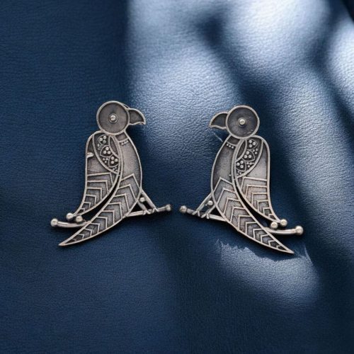 Oxidized Replica Parrot Design Stud Earrings with an elegant traditional jewelry finish, featuring intricate detailing and a vintage silver replica look for ethnic wear.