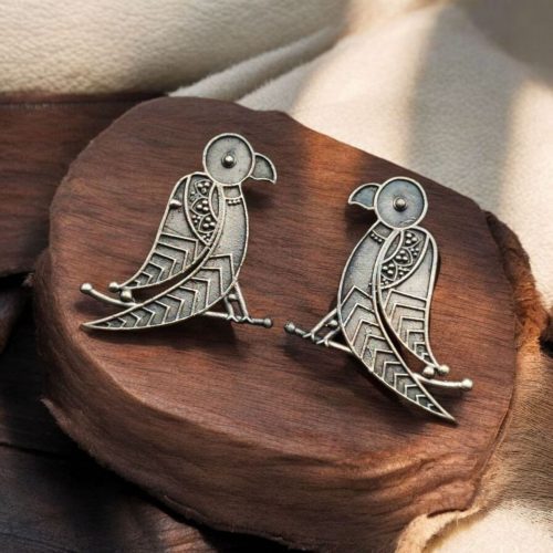 Oxidized Replica Parrot Design Stud Earrings with an elegant traditional jewelry finish, featuring intricate detailing and a vintage silver replica look for ethnic wear.