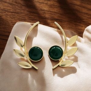 Western Style Gold-Plated Leaf Earrings with Monalisa Stone - Adorable Handmade jewelry - color: "Green"