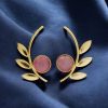 Western Style Gold-Plated Leaf Earrings with Monalisa Stone – Handmade Elegant Jewelry for Women