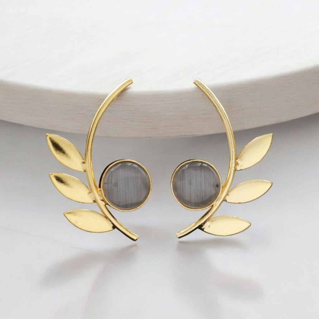 Bulk 974 Western Style Gold-Plated Leaf Earrings with Monalisa Stone - Adorable Handmade jewelry - "Grey"
