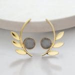 Western Style Gold-Plated Leaf Earrings with Monalisa Stone - Adorable Handmade jewelry - "Grey"