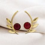 Western Style Gold-Plated Leaf Earrings with Monalisa Stone - Adorable Handmade jewelry - " Red"