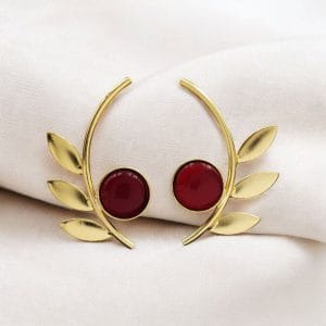 Western Style Gold-Plated Leaf Earrings with Monalisa Stone - Adorable Handmade jewelry - color: " Red"