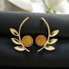 Western Style Gold-Plated Leaf Earrings with Monalisa Stone – Handmade Elegant Jewelry for Women