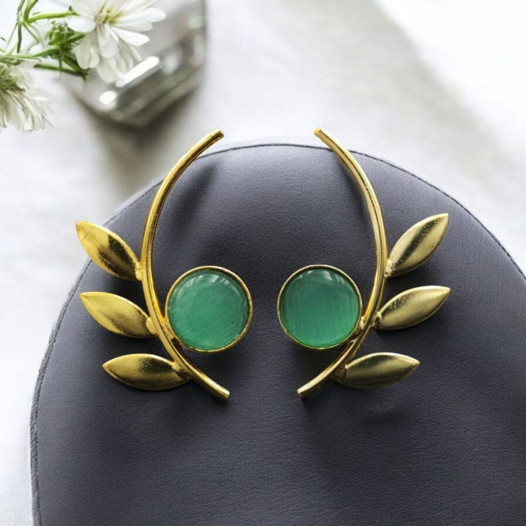 Bulk 978 Western Style Gold-Plated Leaf Earrings with Monalisa Stone - Adorable Handmade jewelry - "Mint"
