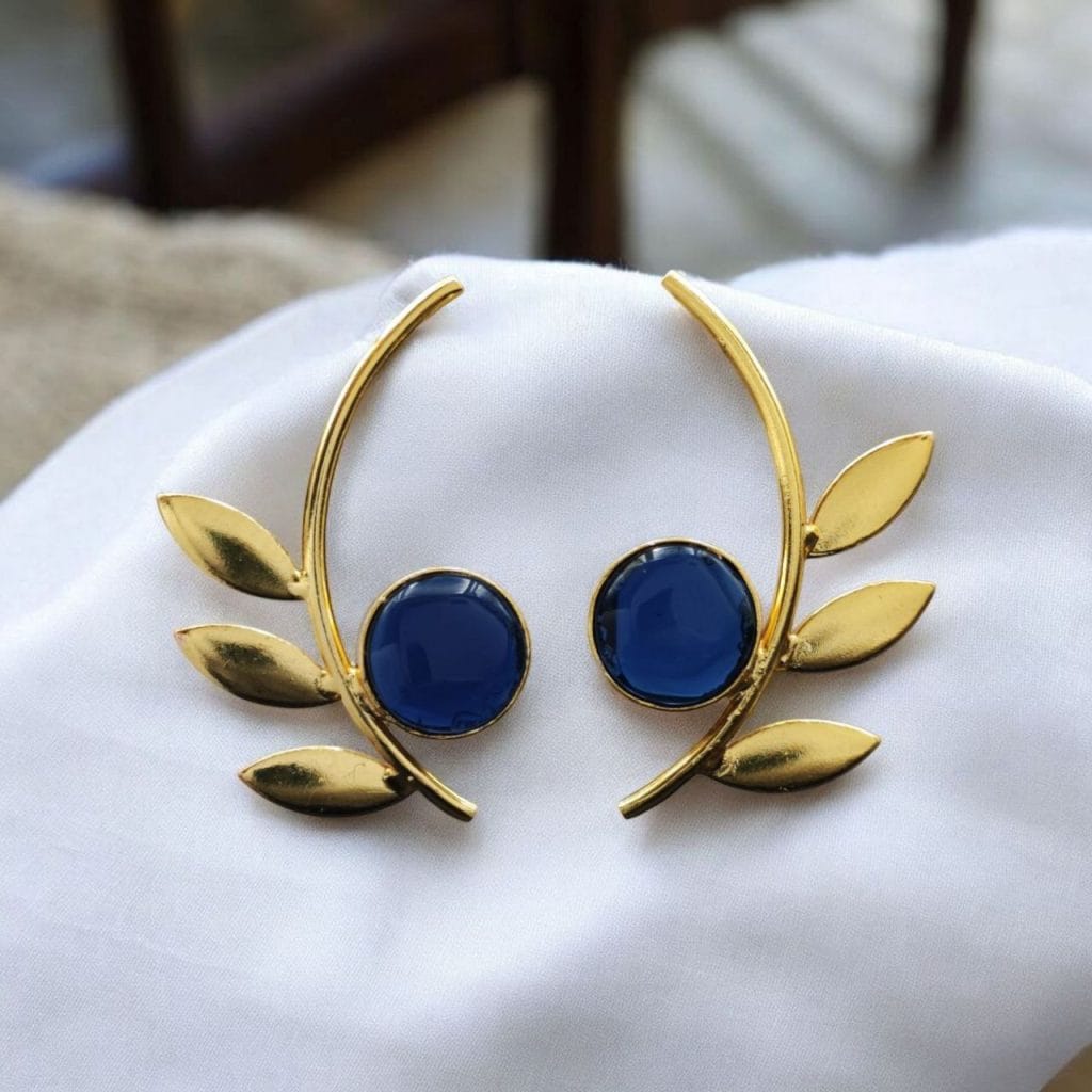 Bulk 980 Western Style Gold-Plated Leaf Earrings with Monalisa Stone - Adorable Handmade jewelry - "Blue"