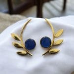 Western Style Gold-Plated Leaf Earrings with Monalisa Stone - Adorable Handmade jewelry - "Blue"