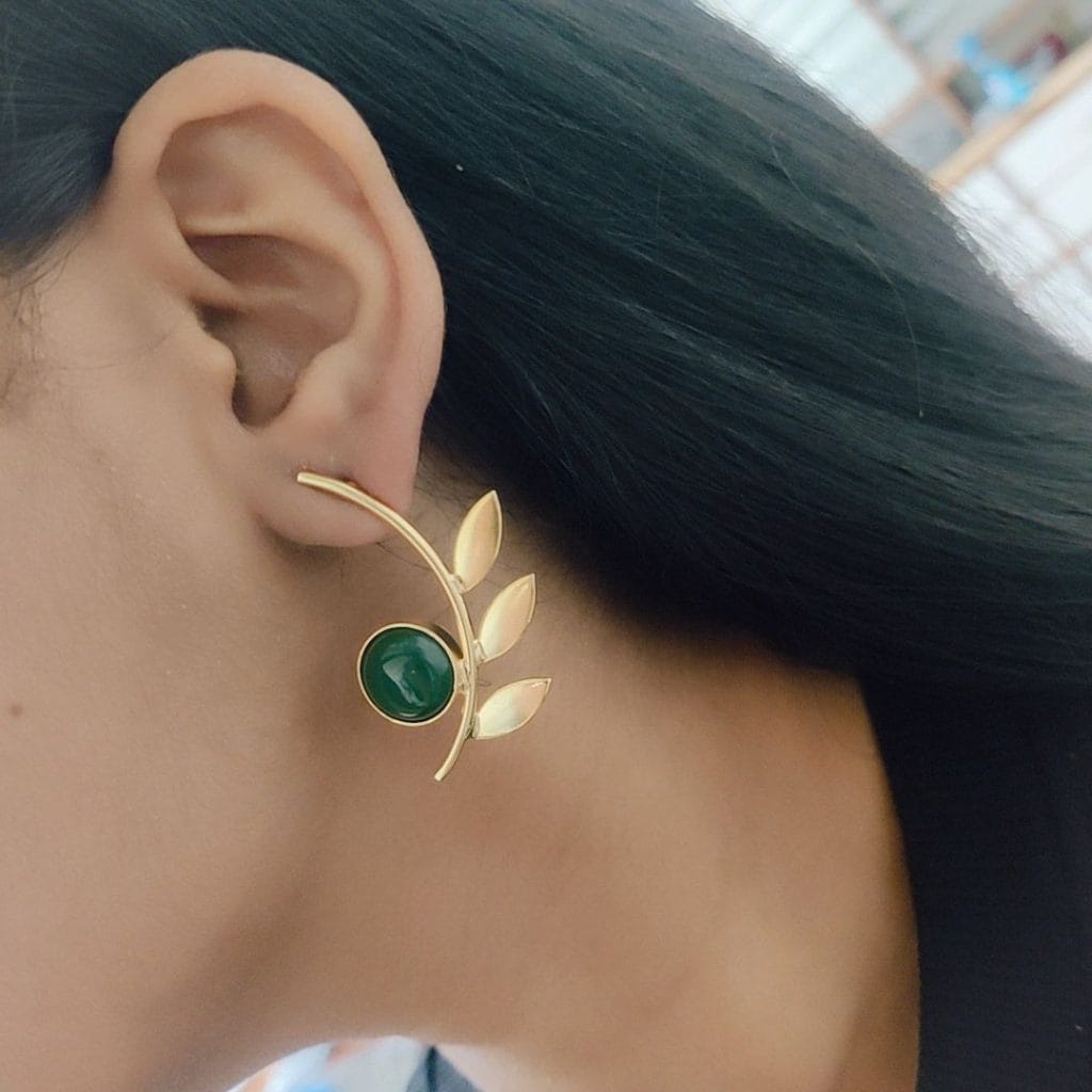 Western Style Gold-Plated Leaf Earrings with Monalisa Stone - Adorable Handmade jewelry