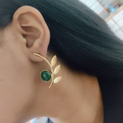 Western Style Gold-Plated Leaf Earrings with Monalisa Stone – Handmade Elegant Jewelry for Women