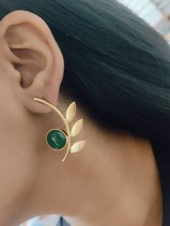 Western Style Gold-Plated Leaf Earrings with Monalisa Stone – Handmade Elegant Jewelry for Women