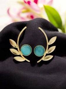 Western Style Gold-Plated Leaf Earrings with Monalisa Stone - Adorable Handmade jewelry - color: " Aqua"