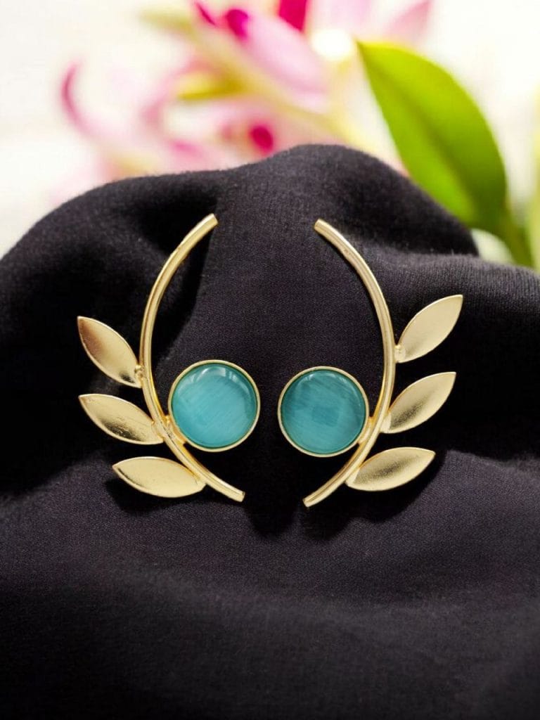 Bulk 970 Western Style Gold-Plated Leaf Earrings with Monalisa Stone - Adorable Handmade jewelry - " Aqua"