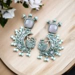 Handcrafted Silver Look-Alike Amazing Dancing Girl Earrings with Floral Moon & Pearl Detailing - "Baby pink"