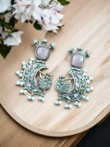 Handcrafted Silver Look-Alike Amazing Dancing Girl Earrings with Floral Moon & Pearl Detailing - color: "Baby pink"