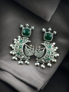 Handcrafted Silver Look-Alike Amazing Dancing Girl Earrings with Floral Moon & Pearl Detailing - color: "Green"