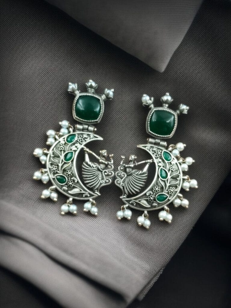 Bulk 952 Handcrafted Silver Look-Alike Amazing Dancing Girl Earrings with Floral Moon & Pearl Detailing - "Green"
