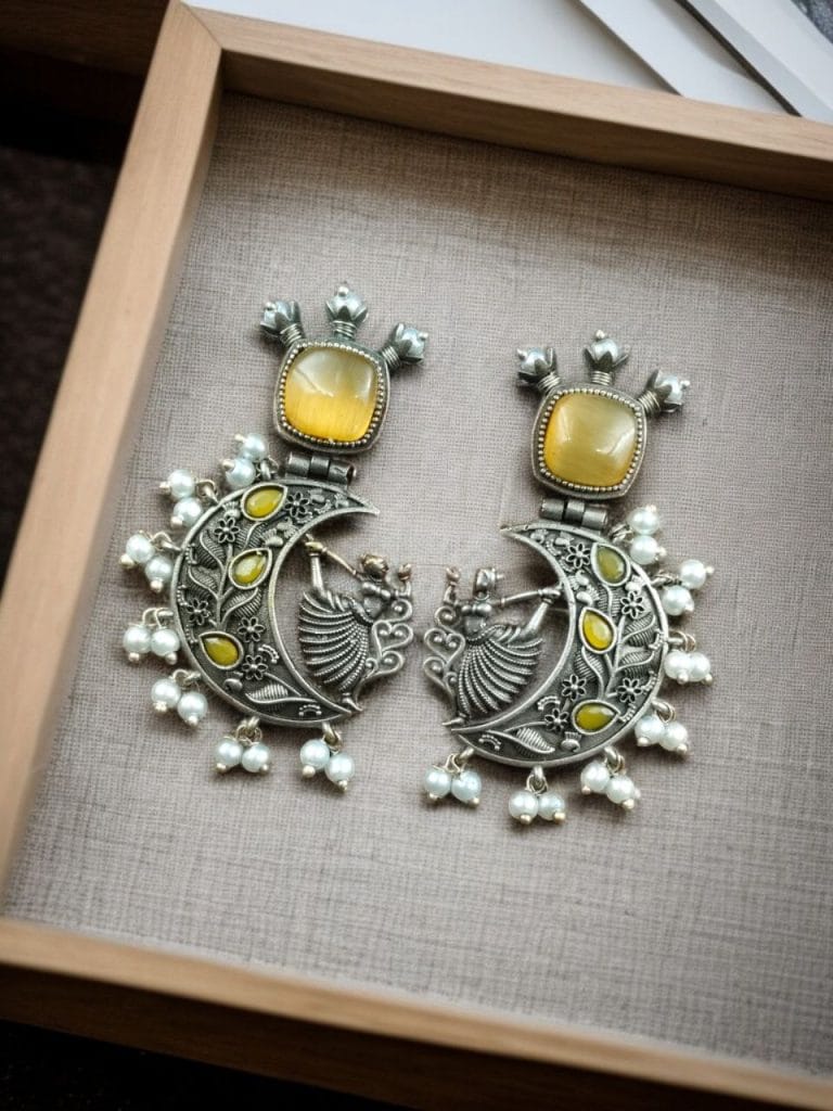 Bulk 954 Handcrafted Silver Look-Alike Amazing Dancing Girl Earrings with Floral Moon & Pearl Detailing - "Yellow"