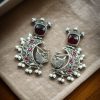 Handcrafted Silver Look-Alike Dancing Girl Earrings with Floral Moon, Monalisa Stone, and Pearl Detailing in an elegant oxidized finish.