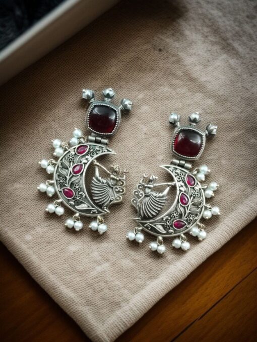 Handcrafted Silver Look-Alike Dancing Girl Earrings with Floral Moon, Monalisa Stone, and Pearl Detailing in an elegant oxidized finish.