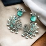 Handcrafted Silver Look-Alike Amazing Dancing Girl Earrings with Floral Moon & Pearl Detailing - "Aqua"