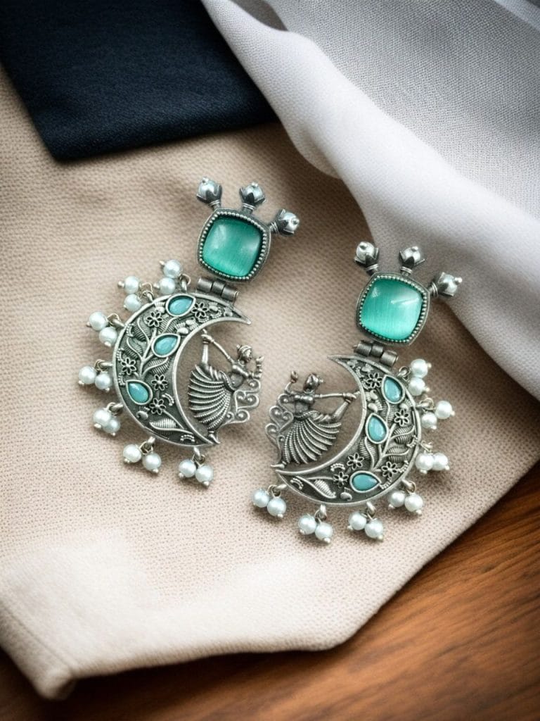 Bulk 964 Handcrafted Silver Look-Alike Amazing Dancing Girl Earrings with Floral Moon & Pearl Detailing - "Aqua"