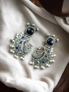Handcrafted Silver Look-Alike Amazing Dancing Girl Earrings with Floral Moon & Pearl Detailing - color: "Blue"