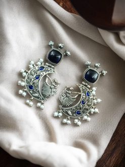 Handcrafted Silver Look-Alike Dancing Girl Earrings with Floral Moon, Monalisa Stone, and Pearl Detailing in an elegant oxidized finish.