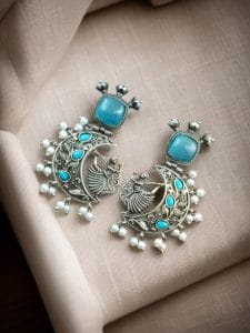 Handcrafted Silver Look-Alike Amazing Dancing Girl Earrings with Floral Moon & Pearl Detailing - color: "Aqua"