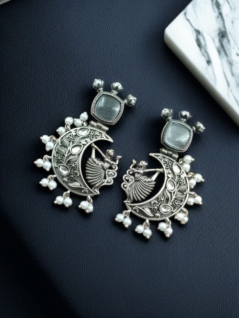 Bulk 958 Handcrafted Silver Look-Alike Amazing Dancing Girl Earrings with Floral Moon & Pearl Detailing - "Grey"