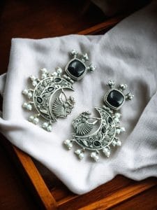 Handcrafted Silver Look-Alike Amazing Dancing Girl Earrings with Floral Moon & Pearl Detailing - color: "Black"