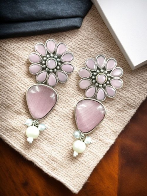 Elegant Silver Look-Alike Stone Stud Earrings with Unique Flower Design for Girls