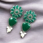 Silver Look Alike Stone Stud Earrings | Unique Flower Design Jewelry For Girls - "Green"