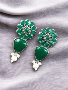 Silver Look Alike Stone Stud Earrings | Unique Flower Design Jewelry For Girls - color: "Green"