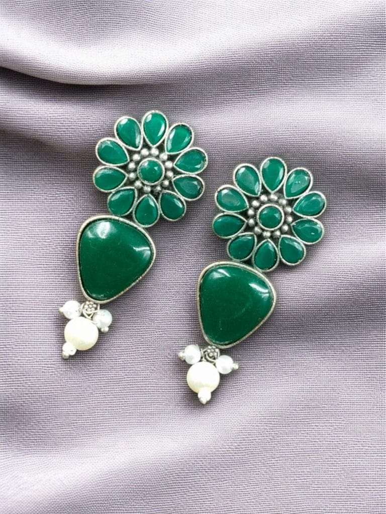 Bulk 924 Silver Look Alike Stone Stud Earrings | Unique Flower Design Jewelry For Girls - "Green"