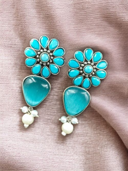 Elegant Silver Look-Alike Stone Stud Earrings with Unique Flower Design for Girls
