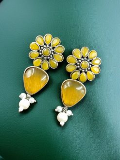 Elegant Silver Look-Alike Stone Stud Earrings with Unique Flower Design for Girls