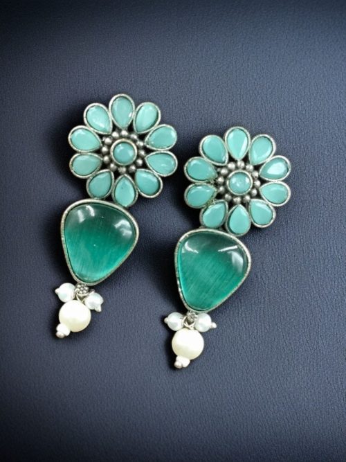 Elegant Silver Look-Alike Stone Stud Earrings with Unique Flower Design for Girls