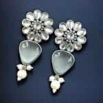 Silver Look Alike Stone Stud Earrings | Unique Flower Design Jewelry For Girls - "Grey"