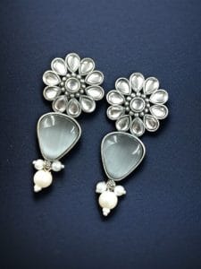 Silver Look Alike Stone Stud Earrings | Unique Flower Design Jewelry For Girls - color: "Grey"