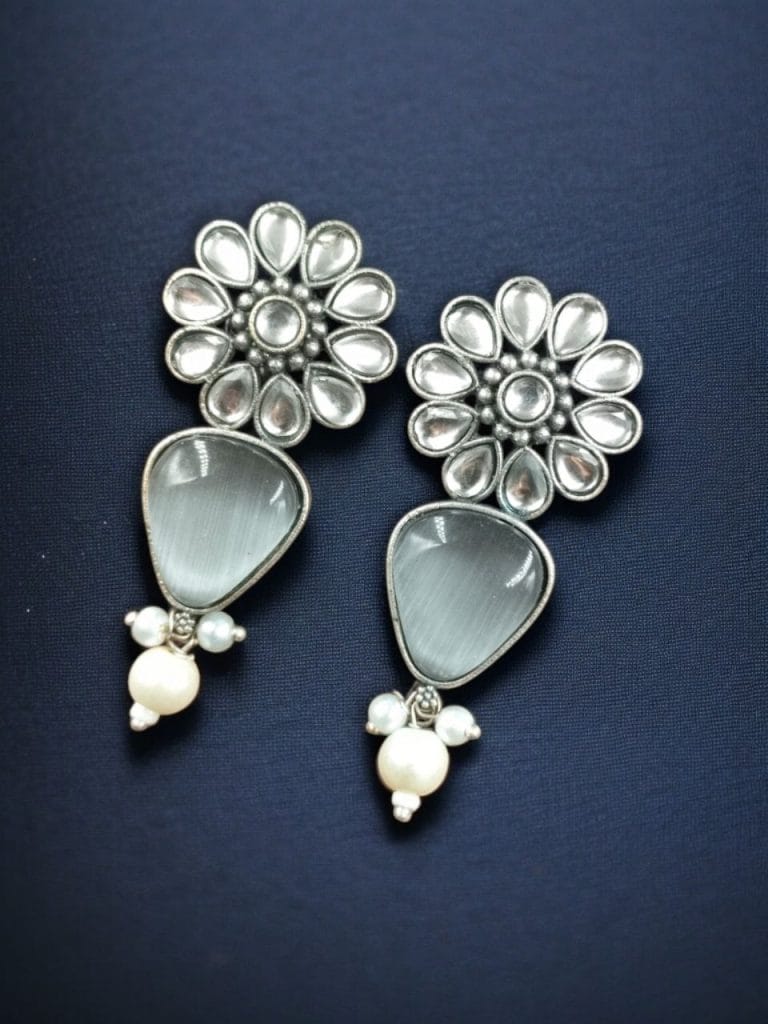 Bulk 922 Silver Look Alike Stone Stud Earrings | Unique Flower Design Jewelry For Girls - "Grey"