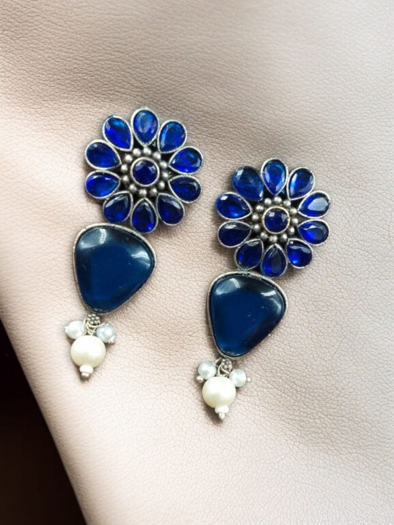 Bulk 920 Silver Look Alike Stone Stud Earrings | Unique Flower Design Jewelry For Girls - "Blue"