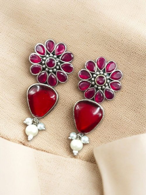 Elegant Silver Look-Alike Stone Stud Earrings with Unique Flower Design for Girls