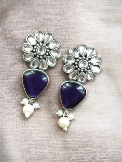 Elegant Silver Look-Alike Stone Stud Earrings with Unique Flower Design for Girls