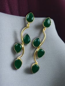 Light Weighted Gold Plated Long Earrings | Stones Dangler jewellery - color: "Green"