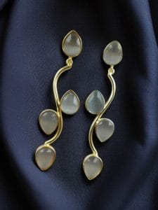 Light Weighted Gold Plated Long Earrings | Stones Dangler jewellery - color: "Grey"