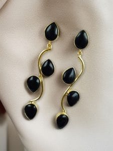 Light Weighted Gold Plated Long Earrings | Stones Dangler jewellery - color: "Black"