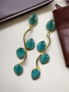 Light Weighted Gold Plated Long Earrings | Stones Dangler jewellery - color: "Mint"