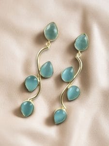 Light Weighted Gold Plated Long Earrings | Stones Dangler jewellery - color: "Aqua"